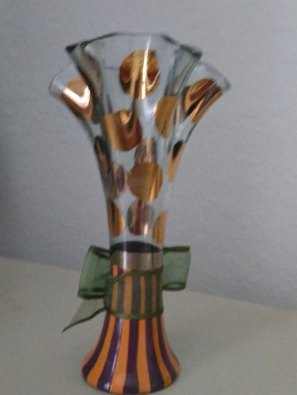 MackenzieChilds Handblown Ruffled Glass Vase with Gold Dot Accents and Green Bow